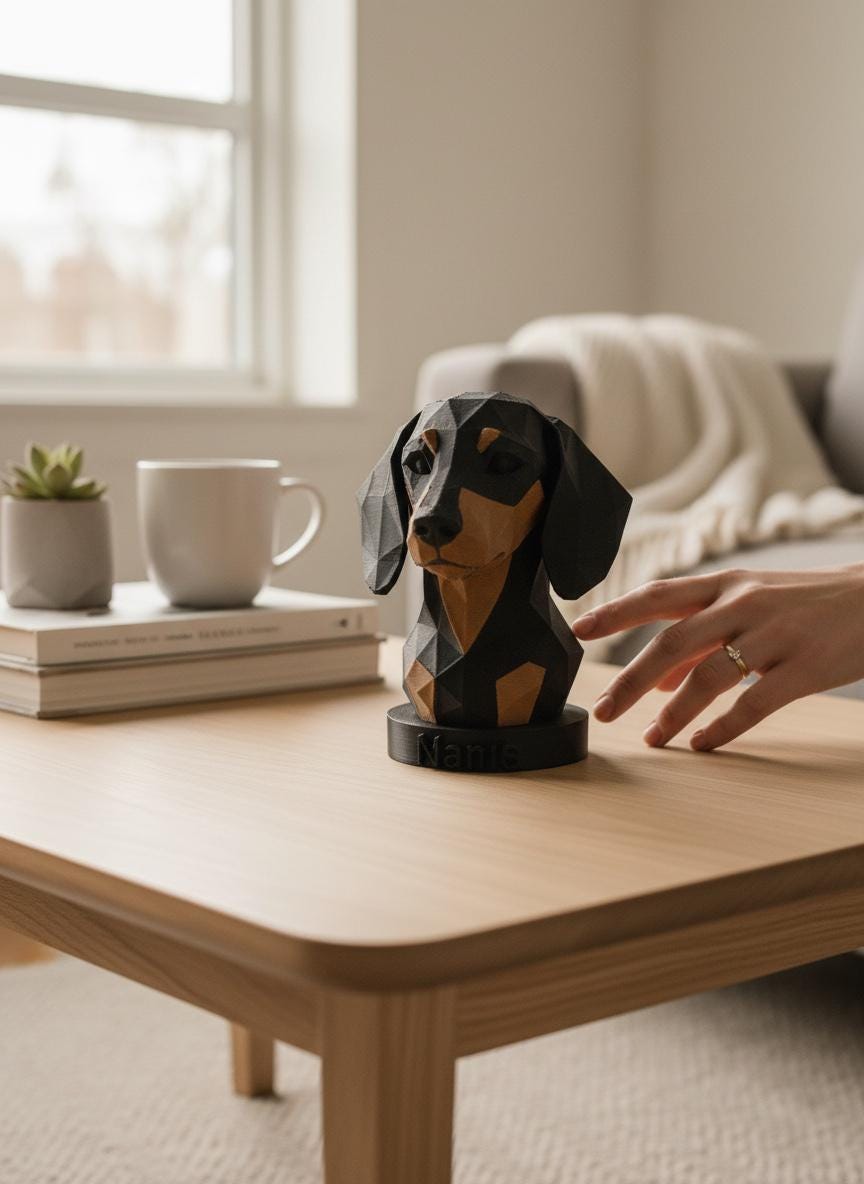Low-poly geometric dachshund bust with personalised name on the plinth